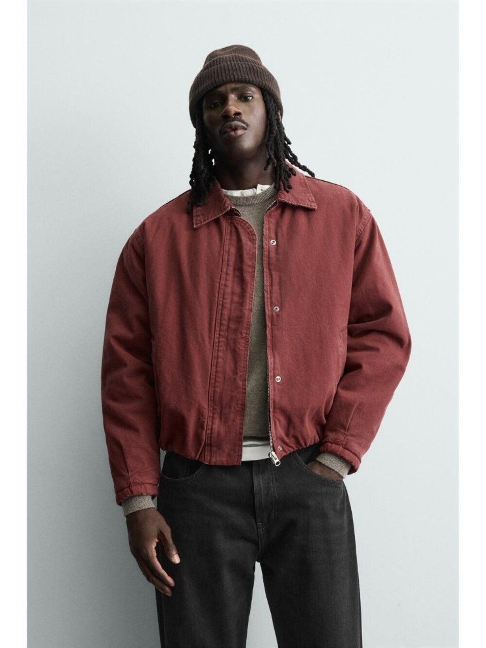 Zara Mens Bomber Jacket Large L Red Burgundy Denim Full Zip 6987/346 NWT